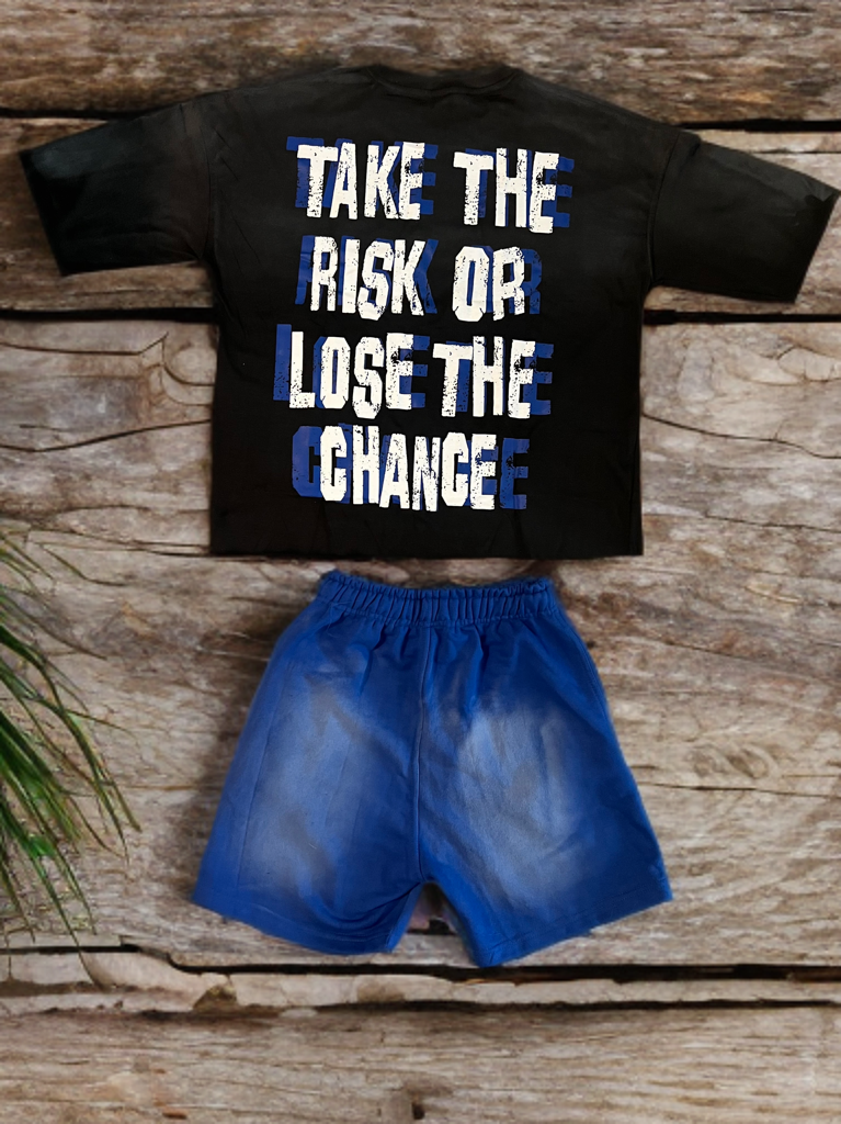 Sun-dried short sleeve blue and black distressed set