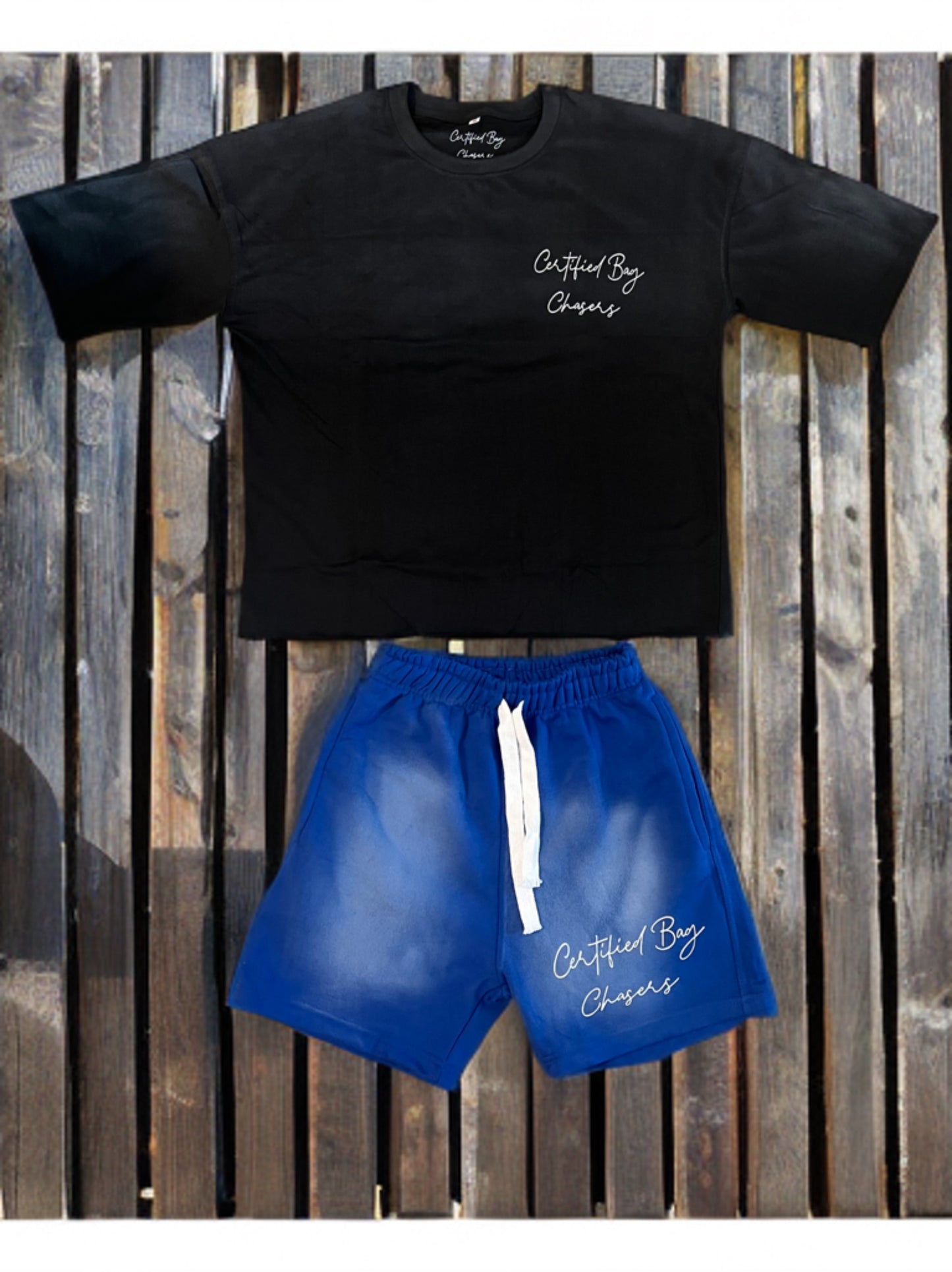 Sun-dried short sleeve blue and black distressed set