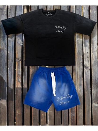 Sun-dried short sleeve blue and black distressed set