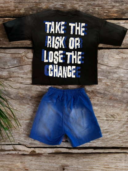 Sun-dried short sleeve blue and black distressed set