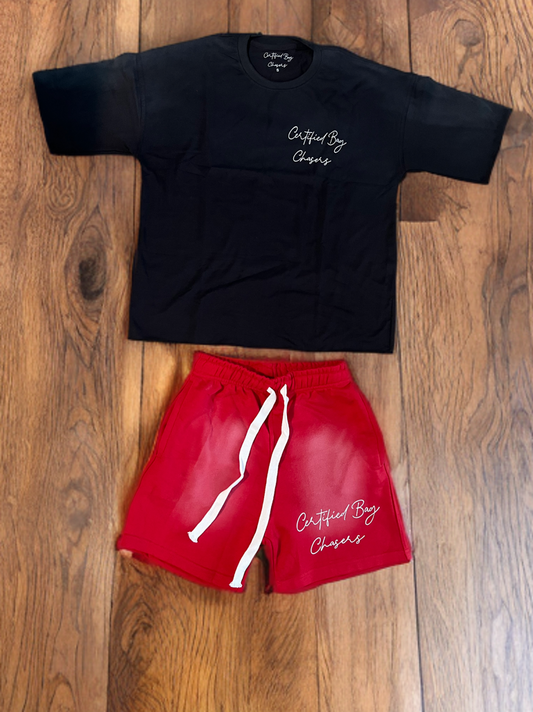 Sun-dried short sleeve red and black distressed set